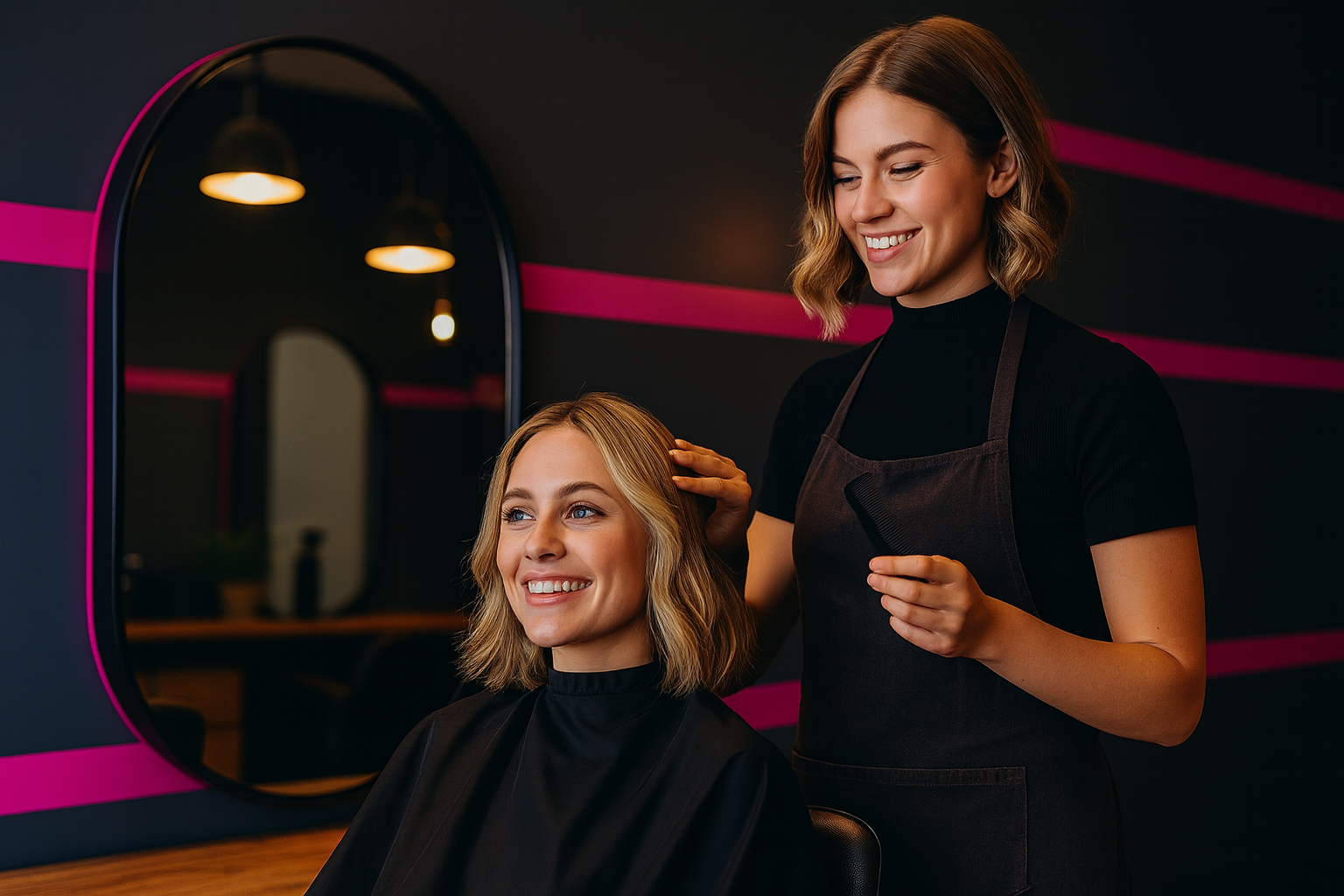 Happy stylist and client in a modern salon setting